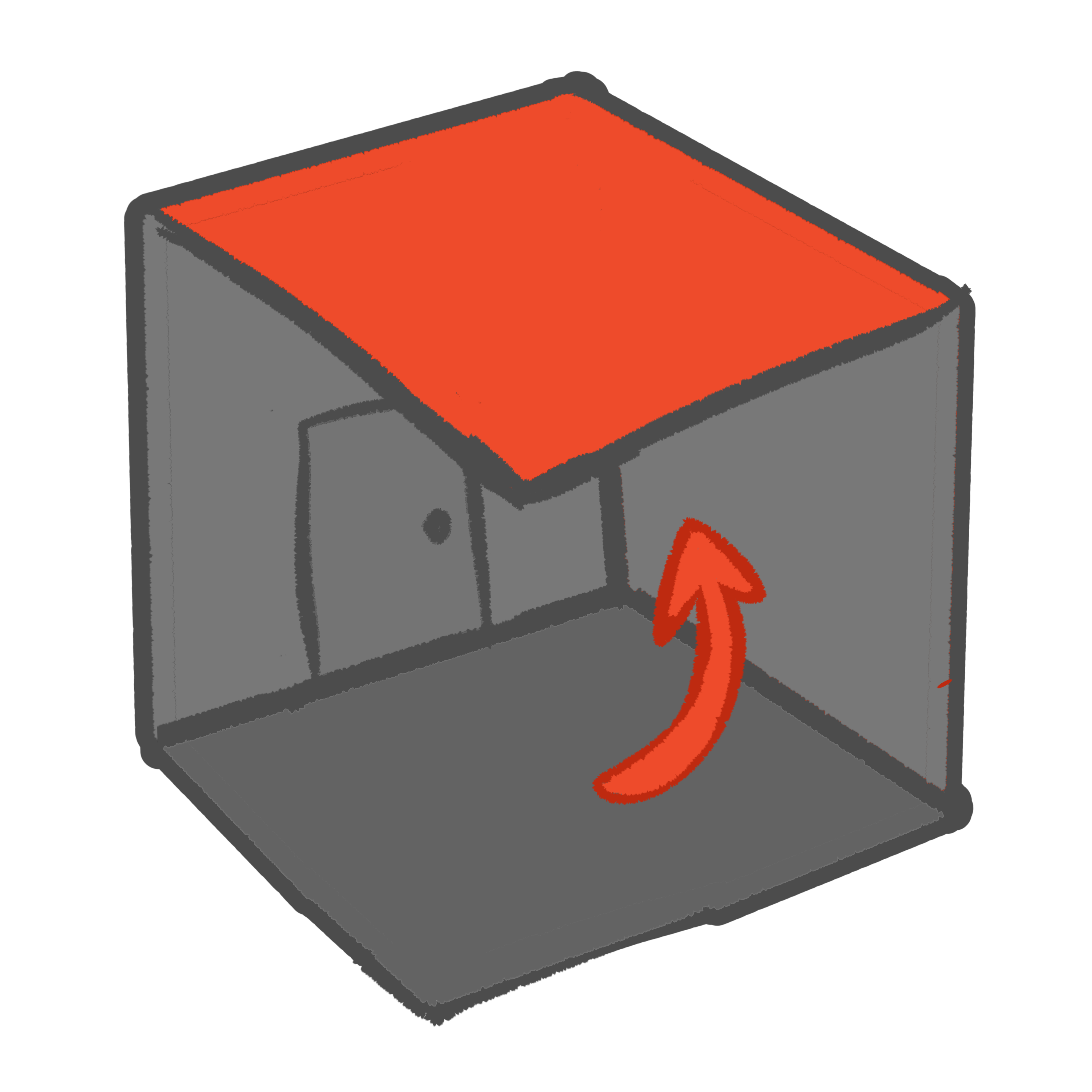 A drawing of the inside of a room, there are gray walls, gray floors and a grey door, there is a red square on top representing the ceiling, a red arrow is pointing to it in the same shade.